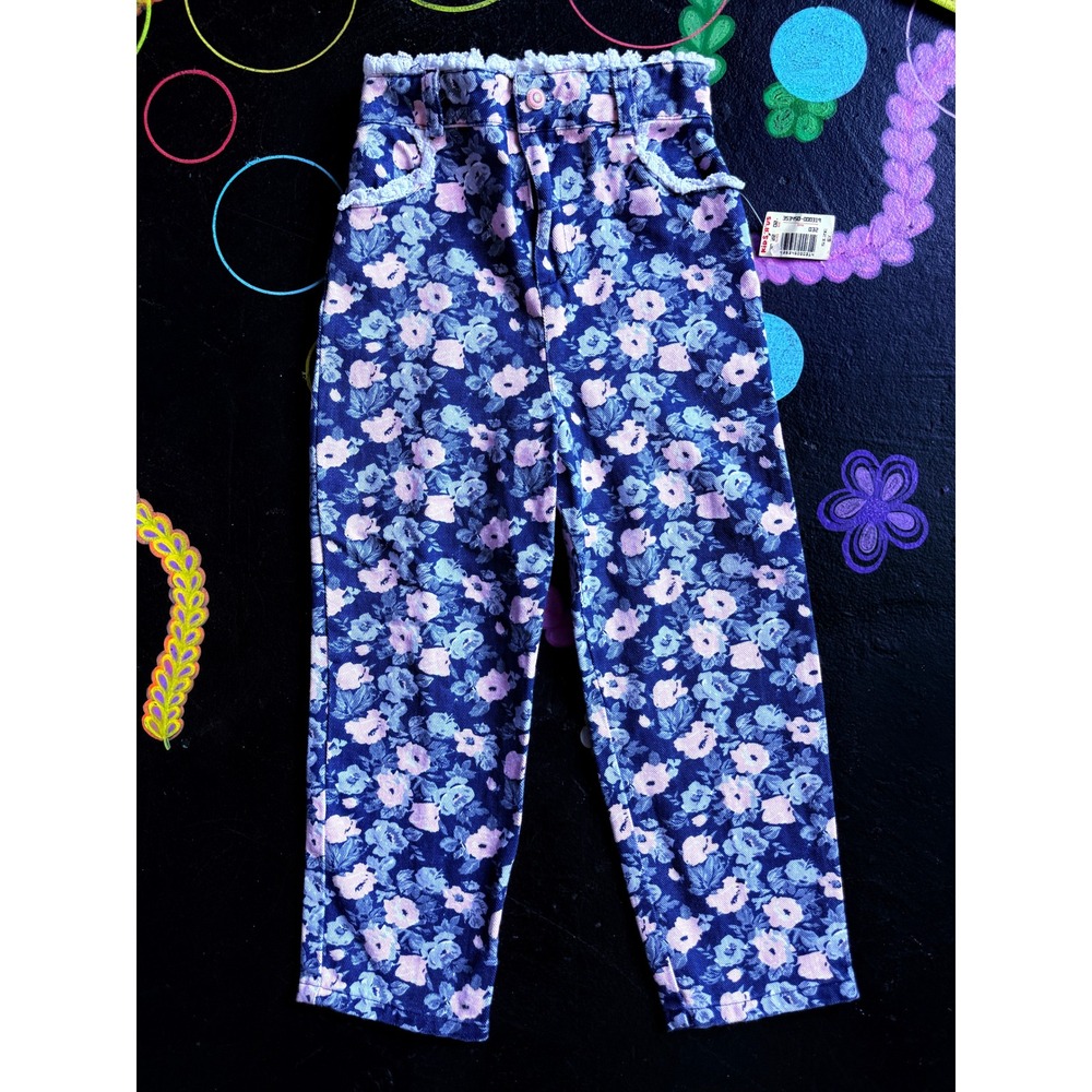 NWT Swat Floral Jeans Vintage Kids 6X Blue Pink Denim 90s Made in USA